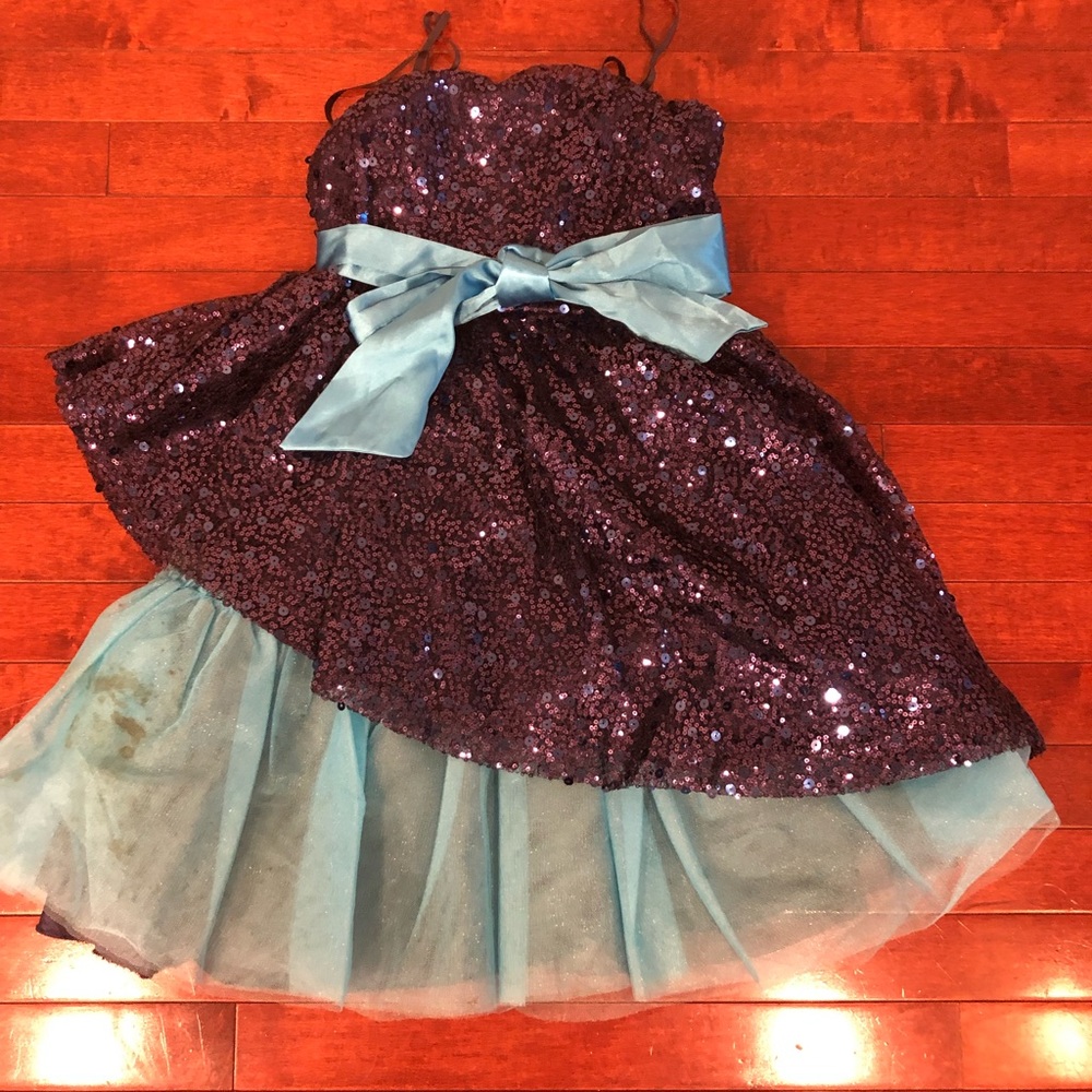 Navy blue and sky blue sequins girls party dress with side bow